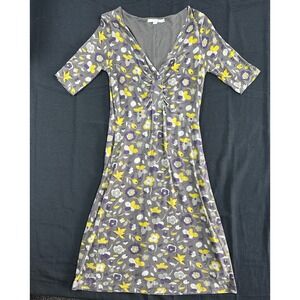 Boden Womens Grey Floral V-Neck Ruched Bust Jersey Dress Size US 8R UK 12R